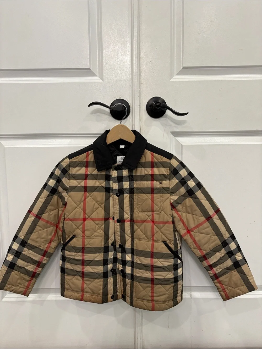 Burberry Tan Plaid Quilted Puffer Jacket with Black Collar